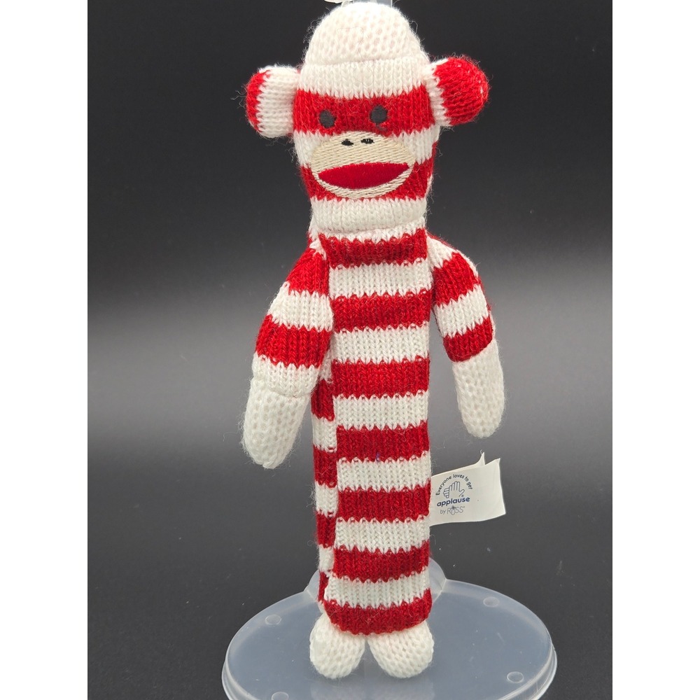 Vintage Applause by Russ Red White Striped Knit Monkey Plush Bookmark 68494 7.5"